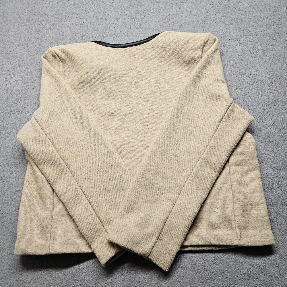 Banana Republic Petite Large Beige Textured Open Front Jacket Faux Leather Trim - Picture 8 of 10